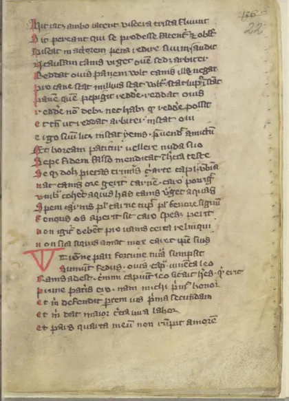 A manuscript page of Latin verse in a medieval hand, with a red initial.