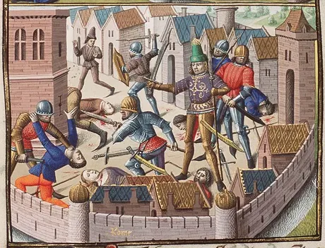 A manuscript illumination of soldiers fighting inside the walls of a city.