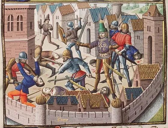 A manuscript illumination of soldiers fighting inside the walls of a city.