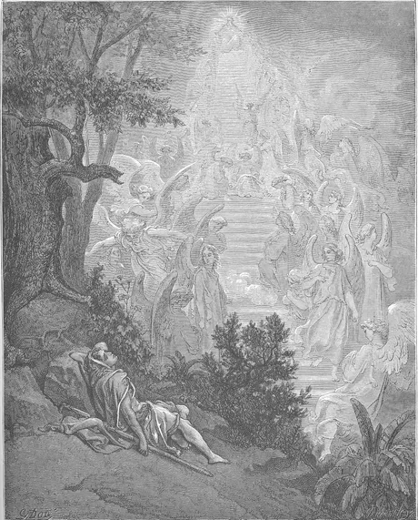 Jacob asleep on the ground while angels ascend and descend a stair of light into heaven.