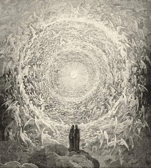 Dante and Beatrice stand before the vast white rose of the blessed, ringed by angels around a point of light.