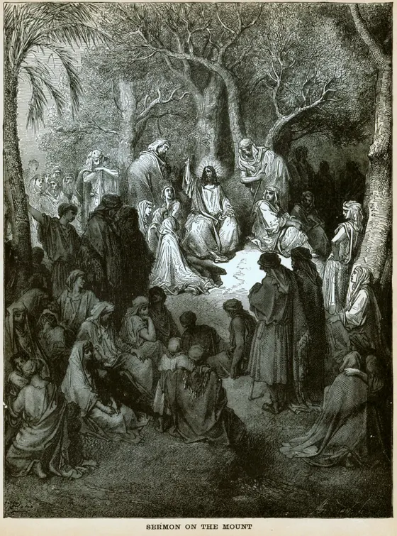 Christ teaching from a rise among trees while a crowd sits and listens.