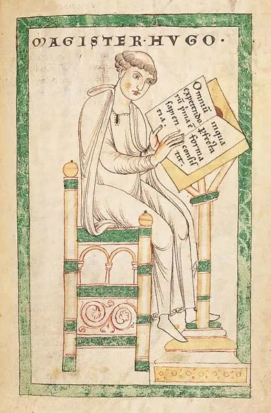 A medieval master seated at a lectern, writing in a book, beneath the words Magister Hugo.