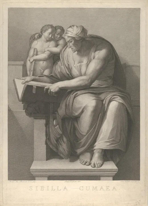 The Cumaean Sibyl, an aged woman in heavy robes, reading a large book while two children look on.
