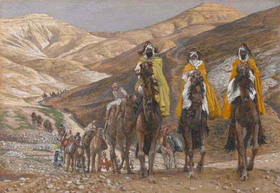 Three kings on horseback lead a caravan through a barren valley.