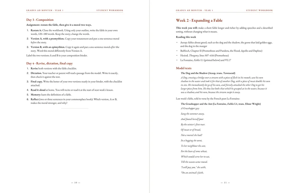 Two Student Workbook pages: composition and revision instructions, and the opening of Week 2, Expanding a Fable.