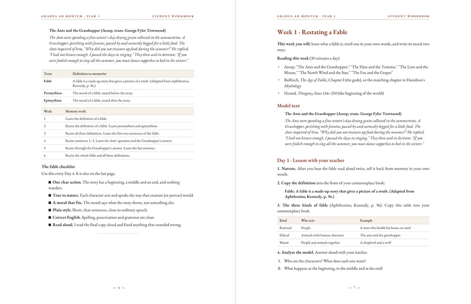 Two Student Workbook pages: the fable definitions and memory work, and Week 1, Restating a Fable, with the model text.