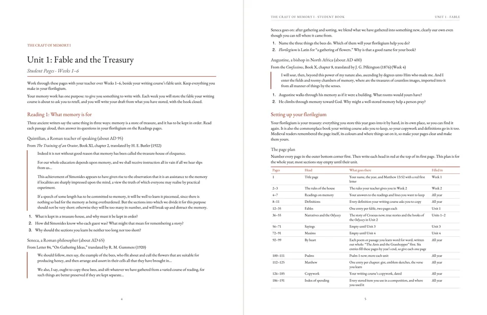 Two Student Book pages: the opening of Unit 1, Fable and the Treasury, with a reading from Quintilian, and a table for setting up the florilegium.