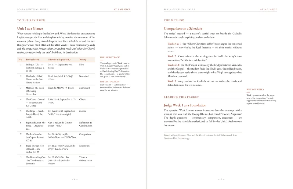 Two pages summarizing Unit I in a nine-week table, with notes on the comparative method.