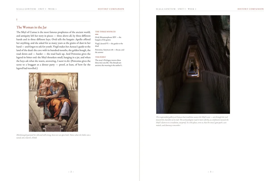 Two History Companion pages with Michelangelo's Cumaean Sibyl and a photograph of the long trapezoidal gallery at Cumae.