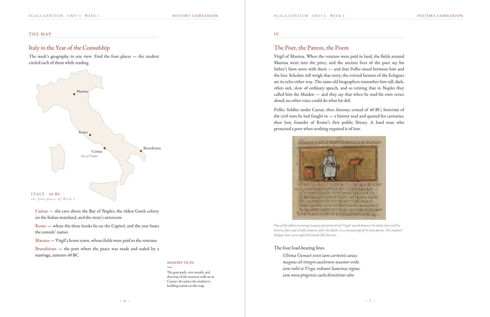 Two History Companion pages: a map of Italy in the year of the Cumaean song, and an essay on Virgil illustrated with a Roman mosaic.