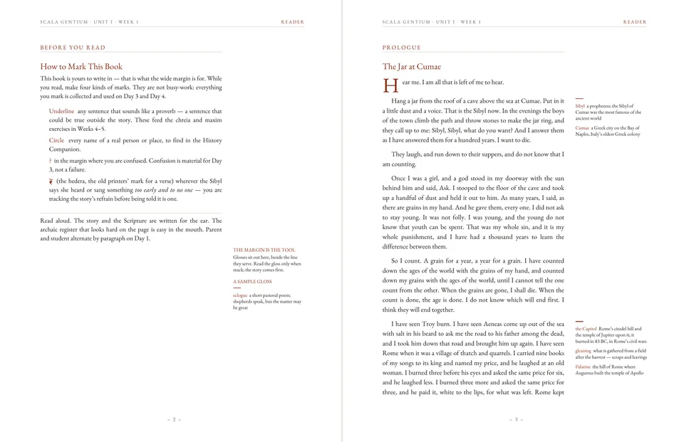Two Reader pages: instructions for marking the book on the left, and the opening of the Prologue on the right with glossary notes in the outer margin.