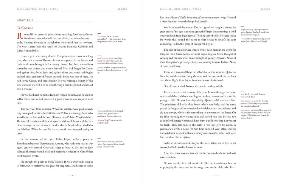 Two Reader pages showing the opening of Chapter I with a drop capital and marginal glosses.