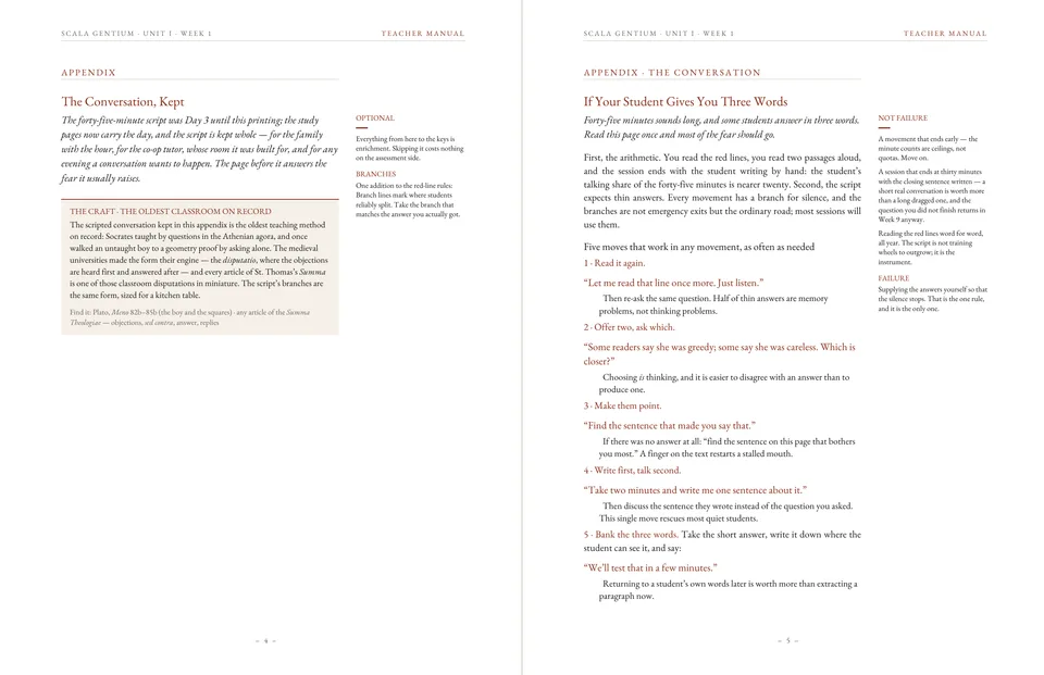 Two Teacher Manual pages: an appendix introducing the conversation, and a page titled If Your Student Gives You Three Words, with lines to read aloud printed in red.
