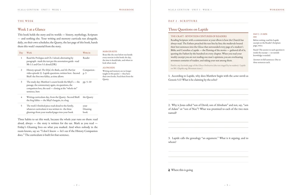 Two Workbook pages: a day-by-day table of the week, and the first Scripture questions on Cornelius a Lapide.