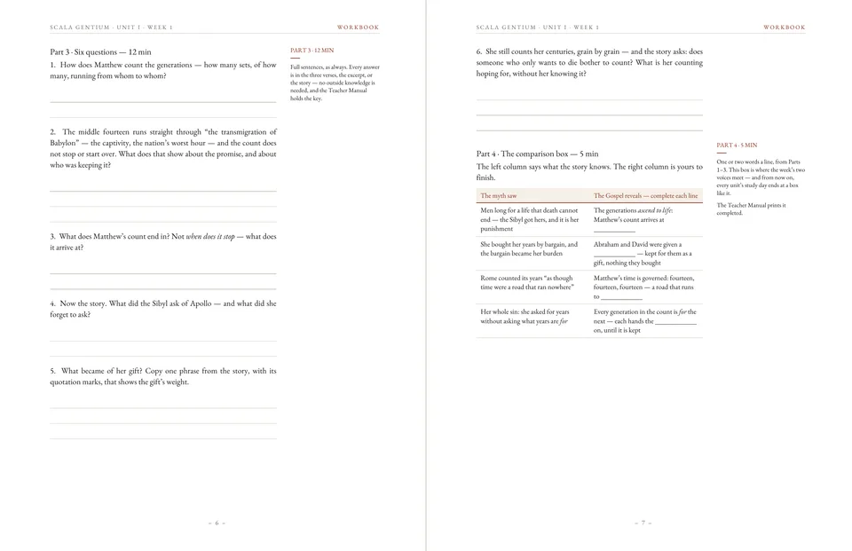 Two Workbook pages with numbered questions, writing lines, and a two-column comparison box setting the myth beside the Gospel.